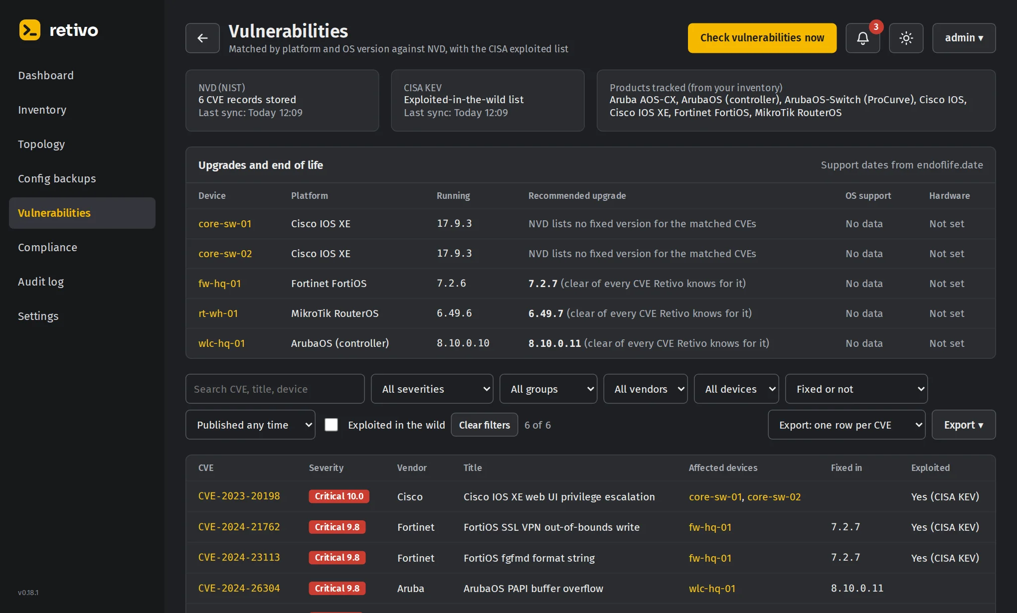 Retivo vulnerabilities page with severity, exploited flag, affected devices and fixed version